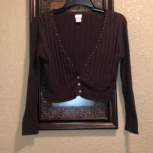 NWOT Xhilaration Brown Cropped Sweater.  Missing 1 crystal button in front.